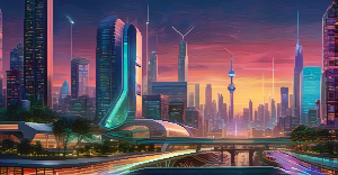 A futuristic smart city at dusk, featuring glowing buildings and interconnected IoT devices.