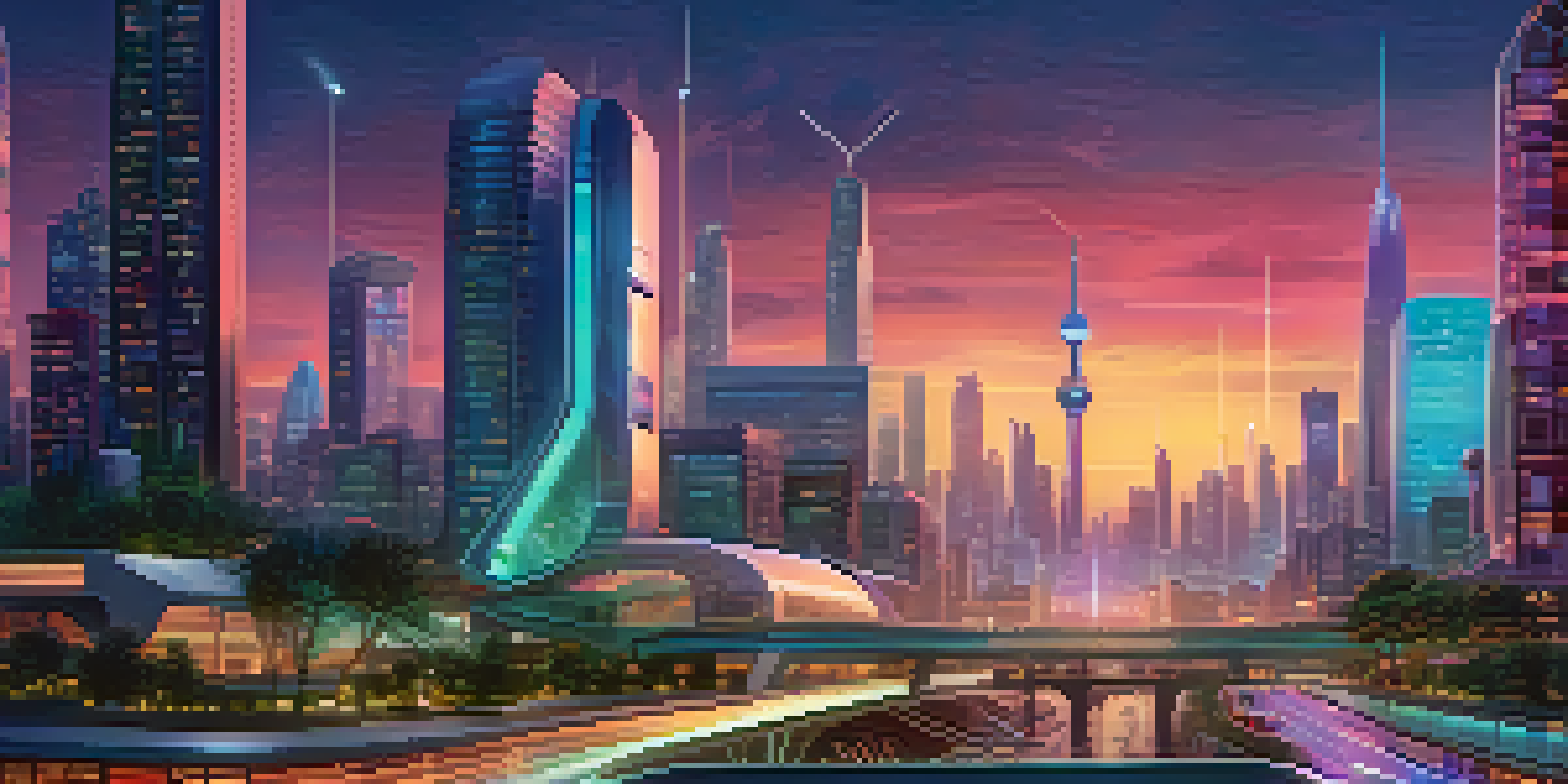 A futuristic smart city at dusk, featuring glowing buildings and interconnected IoT devices.