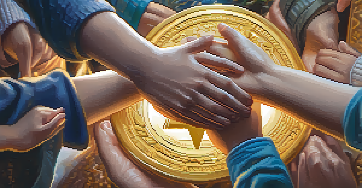 Close-up of hands exchanging an Ethereum token, symbolizing charitable giving, with a community project in the background.