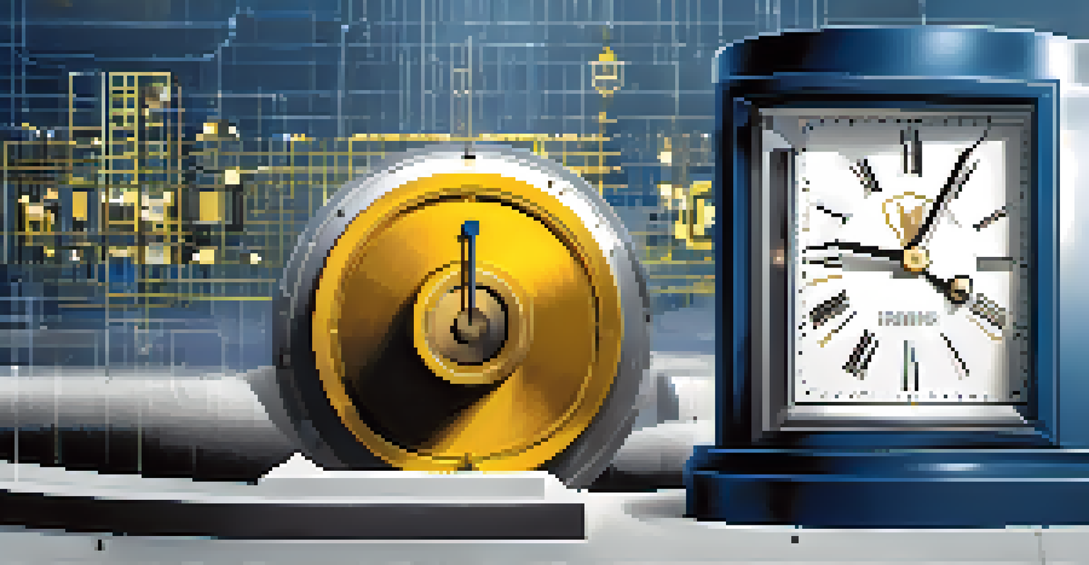 A scale balancing a sturdy vault and a clock, representing the balance between security and usability in time-lock mechanisms.