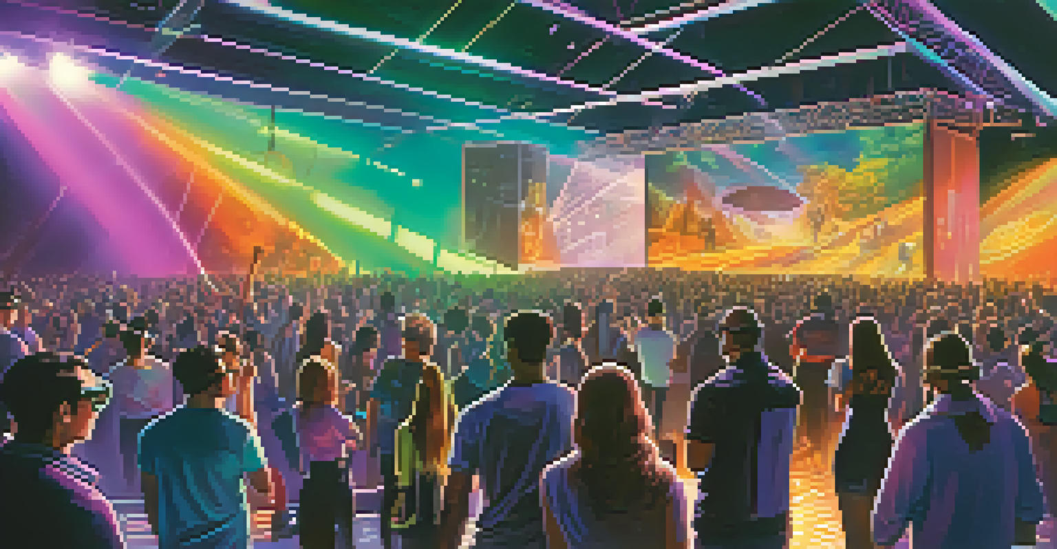A futuristic concert with attendees using augmented reality glasses, interacting with holographic displays and live music.