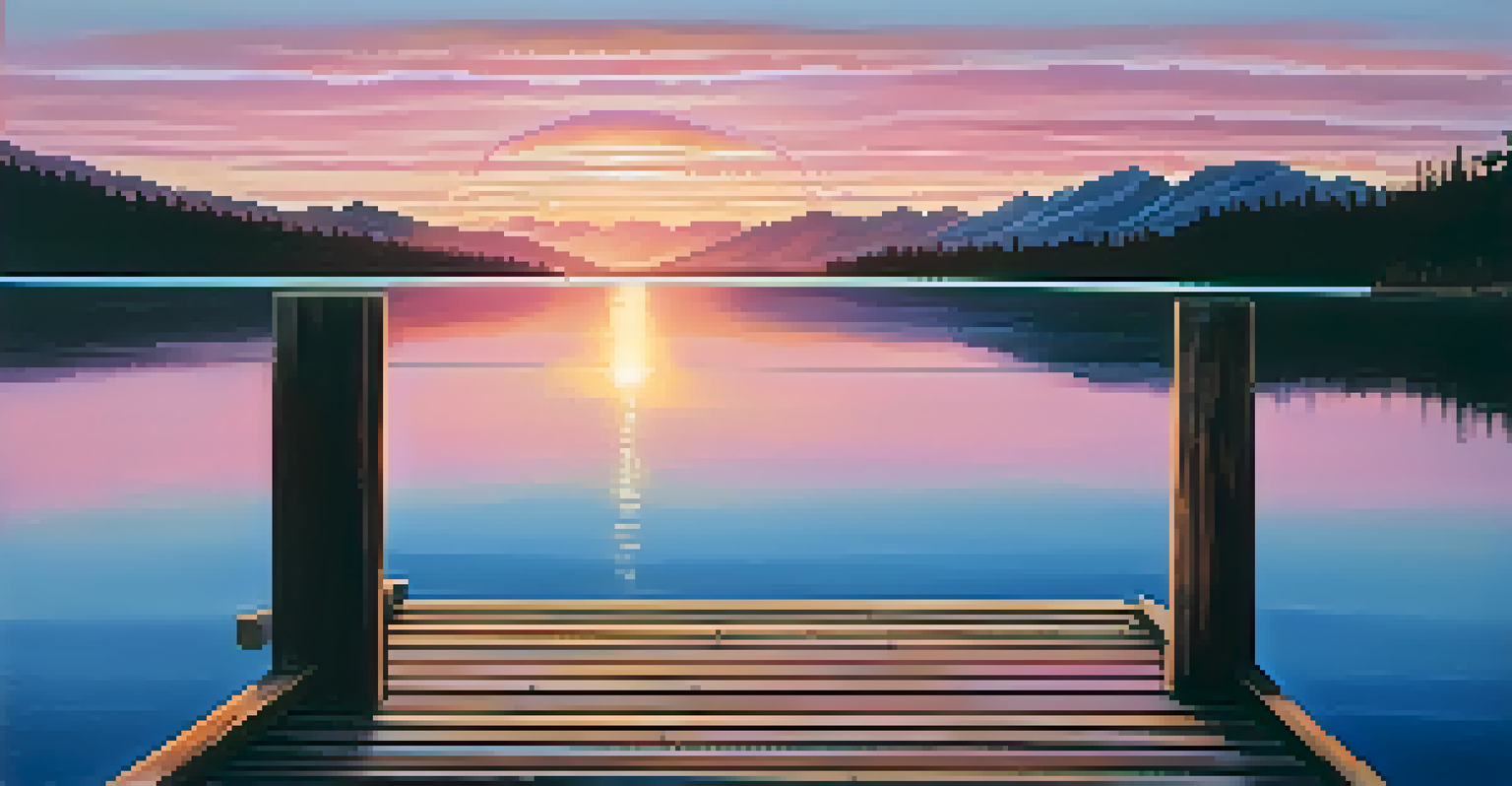 A wooden dock leading into a calm lake at sunset, with mountains reflecting in the water and a sky filled with pink and orange hues.
