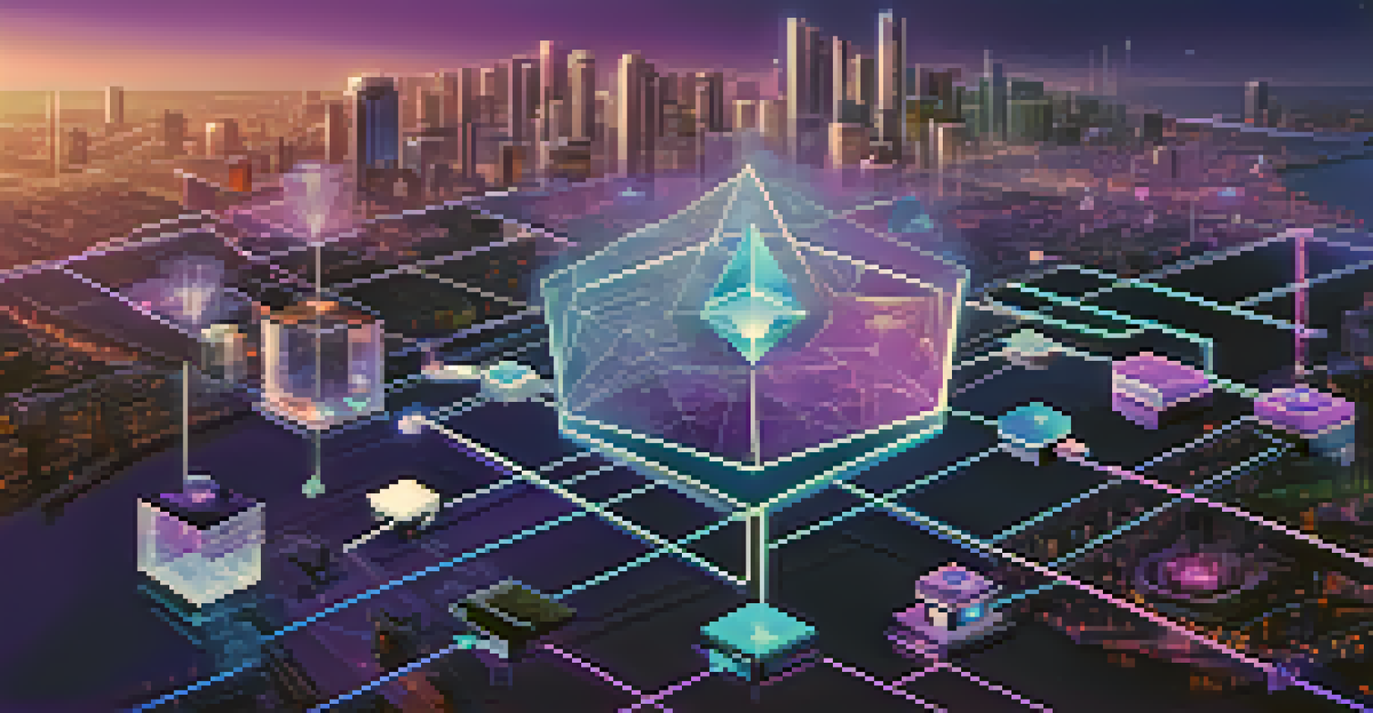 An abstract digital landscape showing Ethereum's blockchain technology intertwined with IoT devices, featuring flowing data streams and interconnected nodes.
