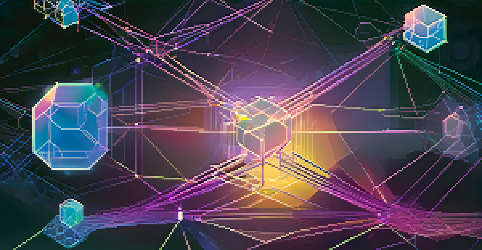 An abstract image showing a blockchain network with colorful digital art pieces connected by glowing lines, set against a deep blue and purple background.
