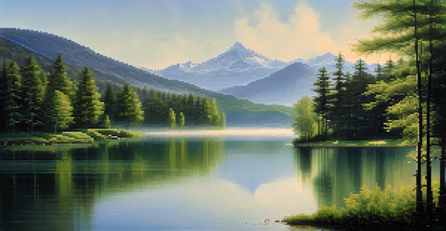 A tranquil lake surrounded by forests and mountains, bathed in soft morning light.