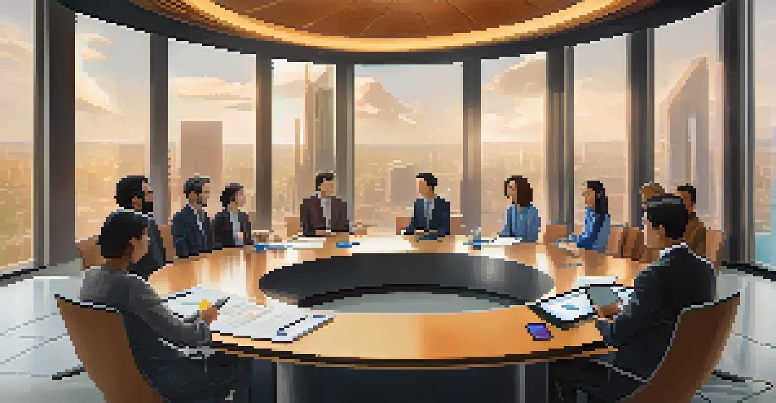 A diverse group of representatives in a DAO meeting discussing over a digital tablet at a circular table, surrounded by modern decor and digital screens.
