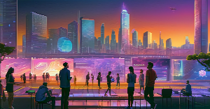 A futuristic cityscape with interconnected blockchain networks and neon lights, depicting users interacting with augmented reality devices in a park.