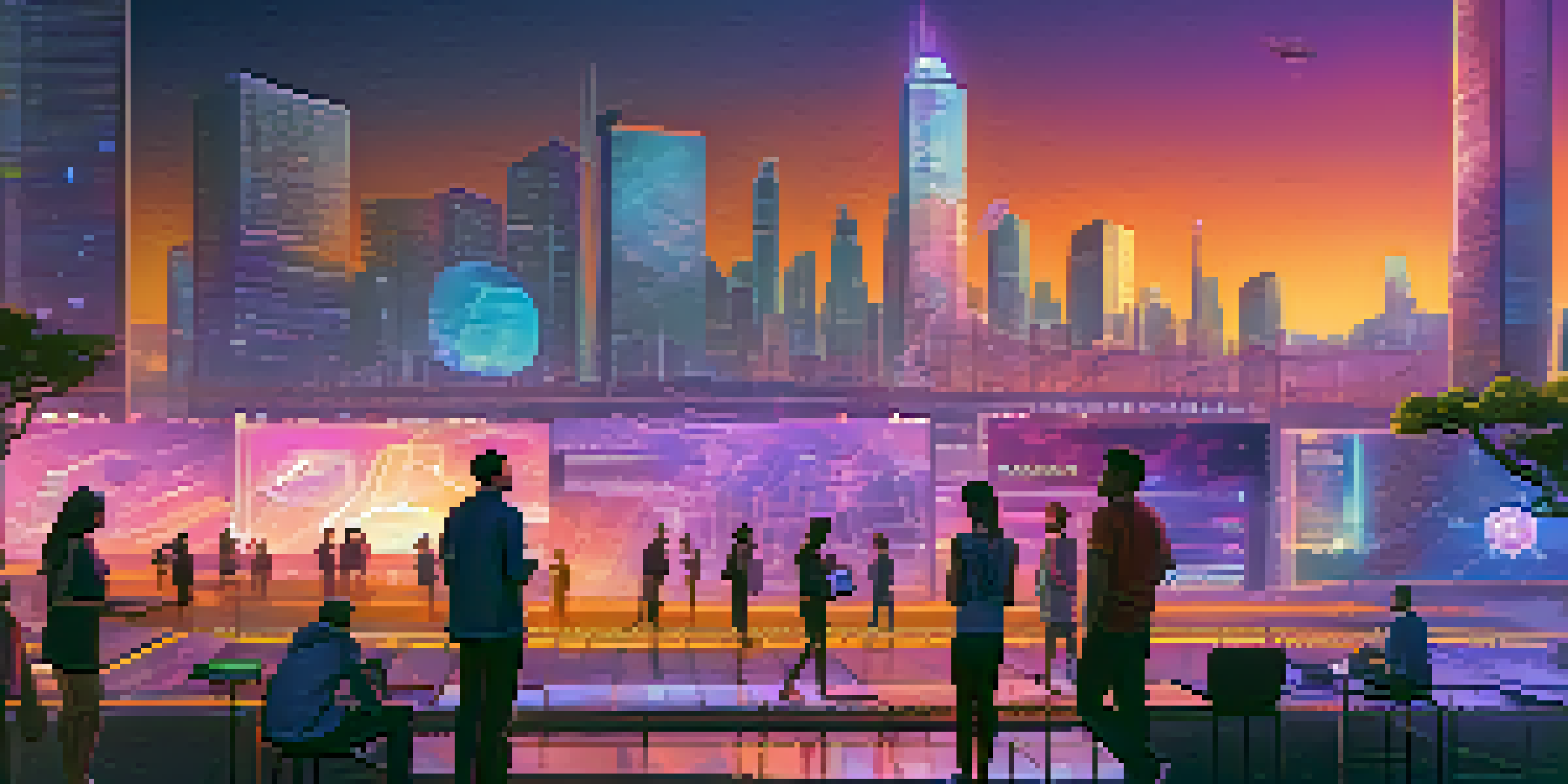 A futuristic cityscape with interconnected blockchain networks and neon lights, depicting users interacting with augmented reality devices in a park.