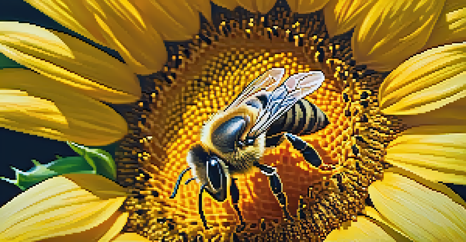 A close-up image of a honeybee on a sunflower, showcasing the details of the bee and the bright yellow petals of the flower.