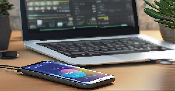 A close-up view of an Ethereum hardware wallet on a wooden desk, with a laptop and a succulent in the background.