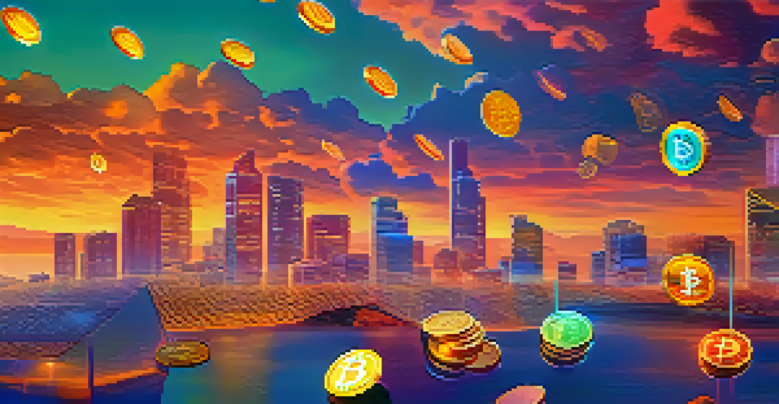 Colorful coins representing cryptocurrencies floating above a digital landscape at sunset.