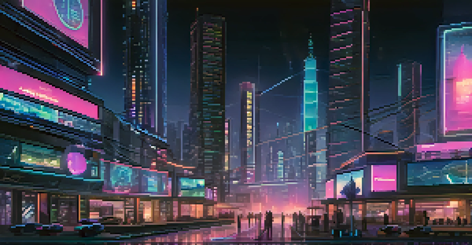 A futuristic city skyline with digital billboards showcasing ERC-20 tokens and their applications, illuminated by neon lights in a night setting.