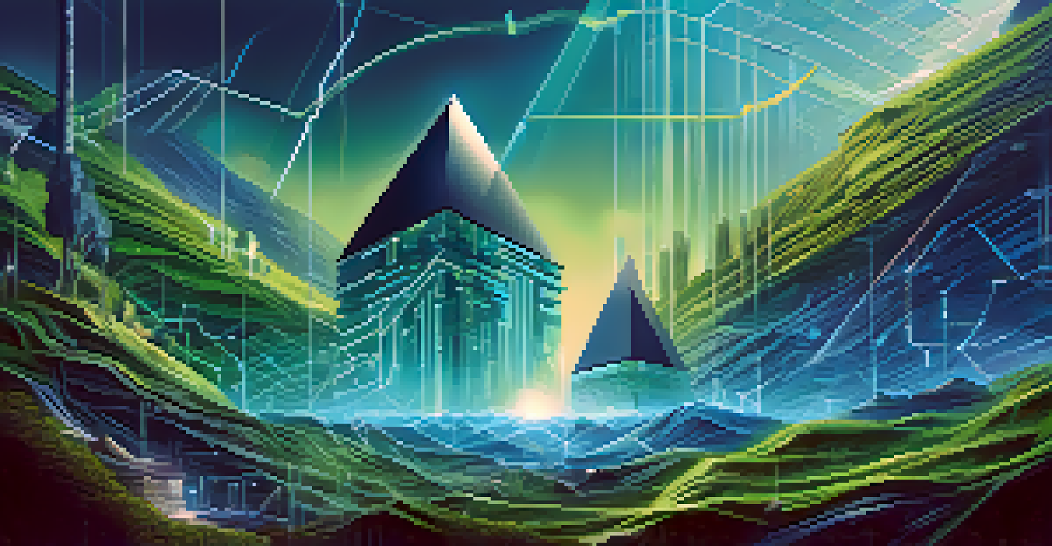 A digital artwork illustrating Ethereum mining with vibrant colors and abstract shapes representing data flow and energy consumption.