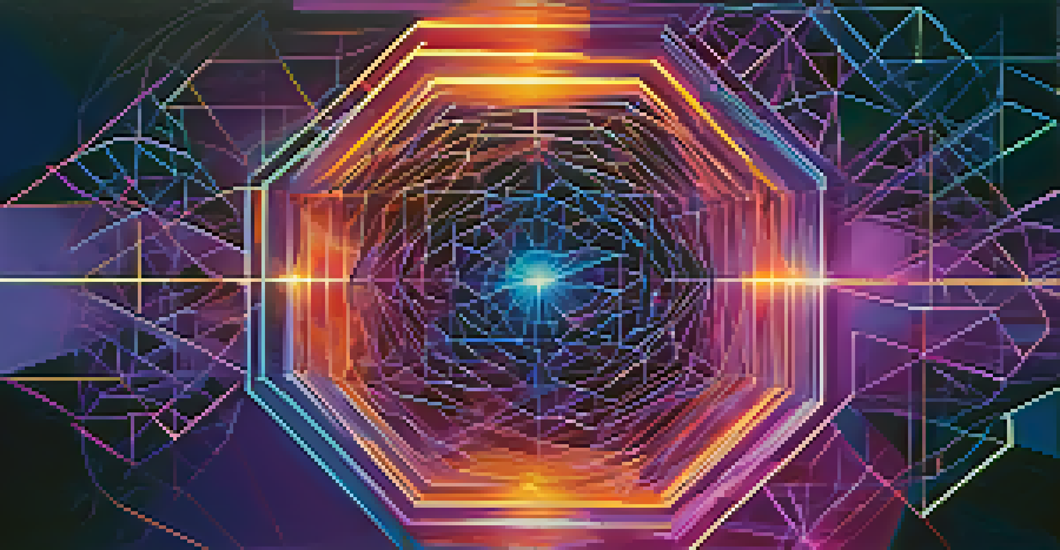 An abstract illustration of blockchain technology with interconnected nodes and vibrant colors on a dark gradient background.