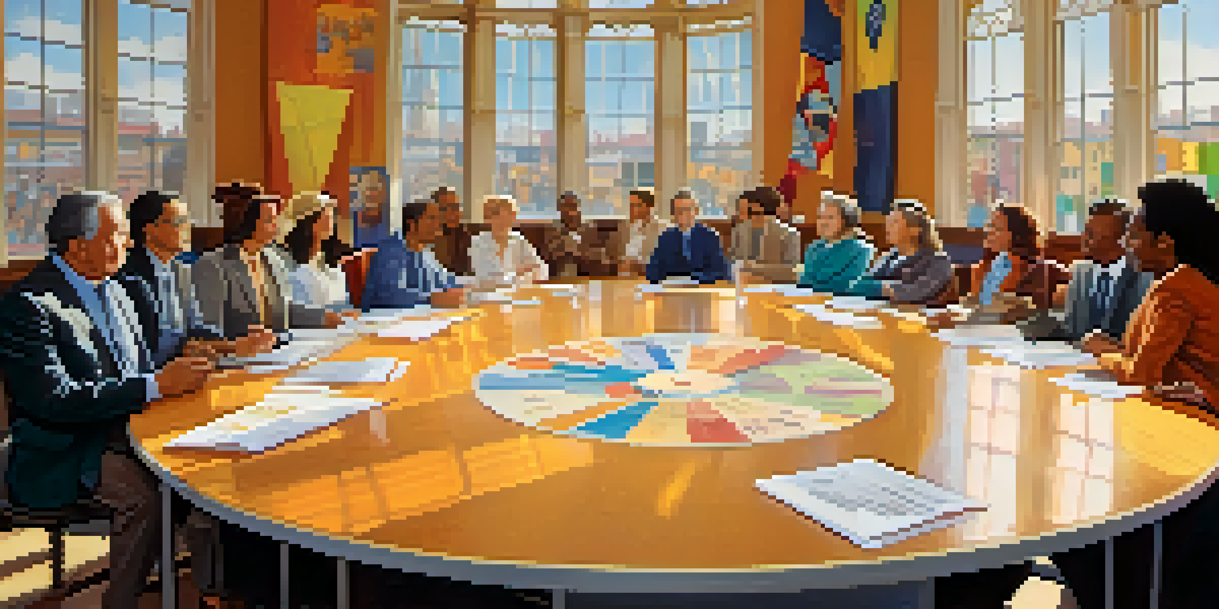 A diverse group of people engaged in a discussion in a well-lit town hall meeting room, surrounded by charts and colorful banners.