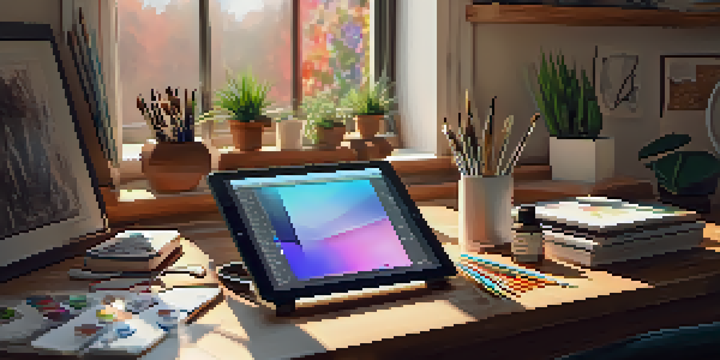 A cozy digital artist's workspace filled with various art supplies and a tablet showing colorful digital artwork, illuminated by warm sunlight.