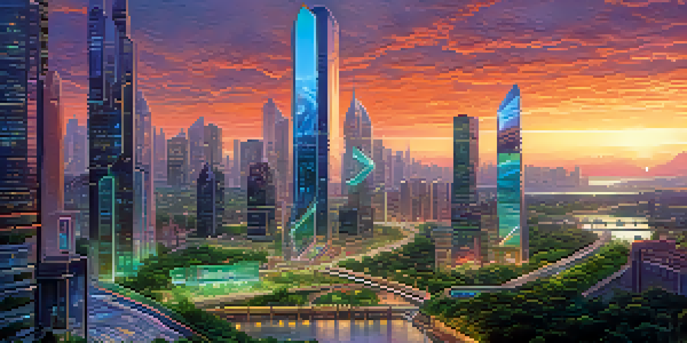 A vibrant futuristic city skyline at dusk, featuring glowing skyscrapers and bustling streets.