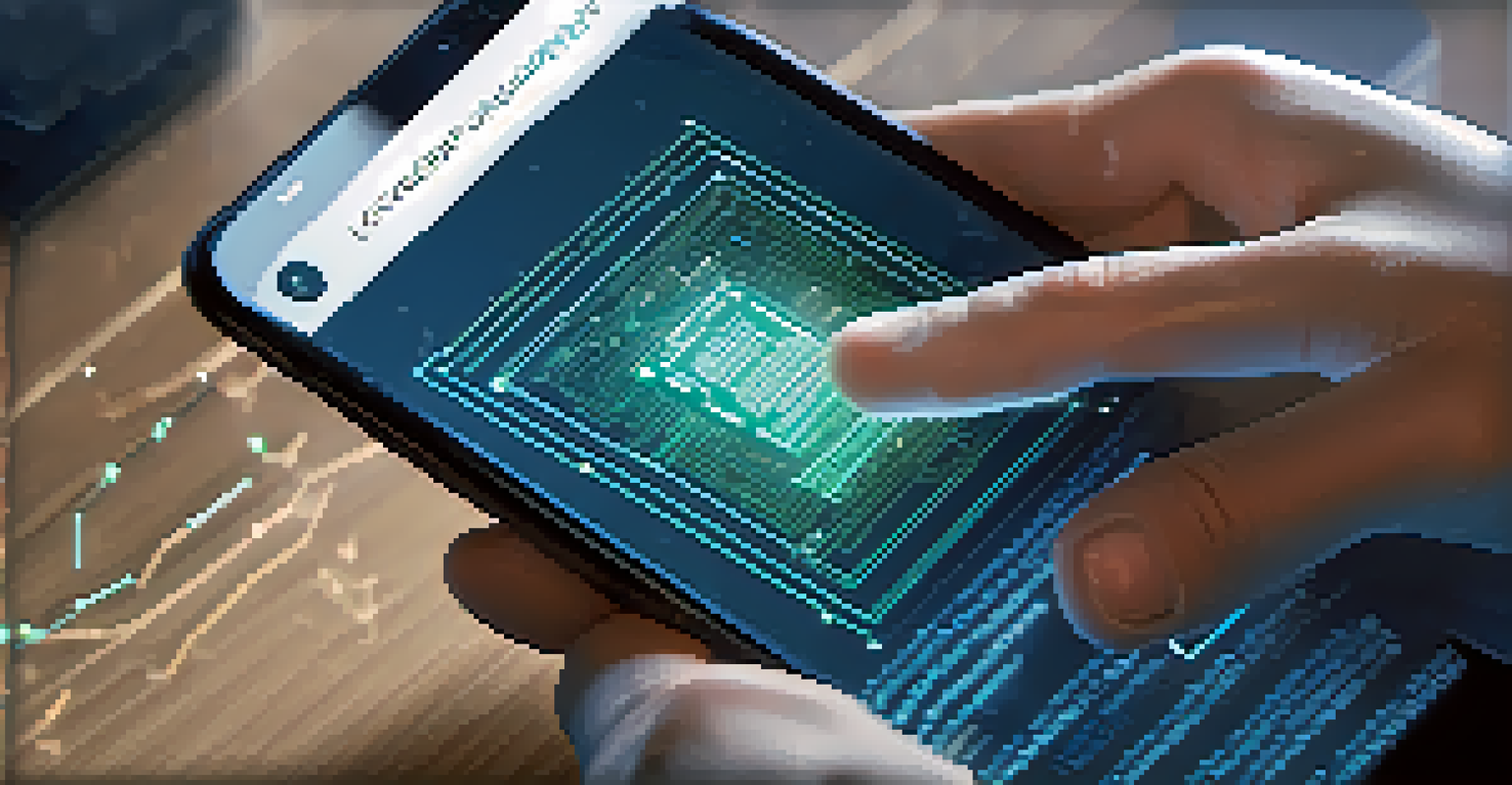 A close-up of a digital device displaying a blockchain ledger with smart contracts, with a hand poised to interact, set in a blurred office environment.