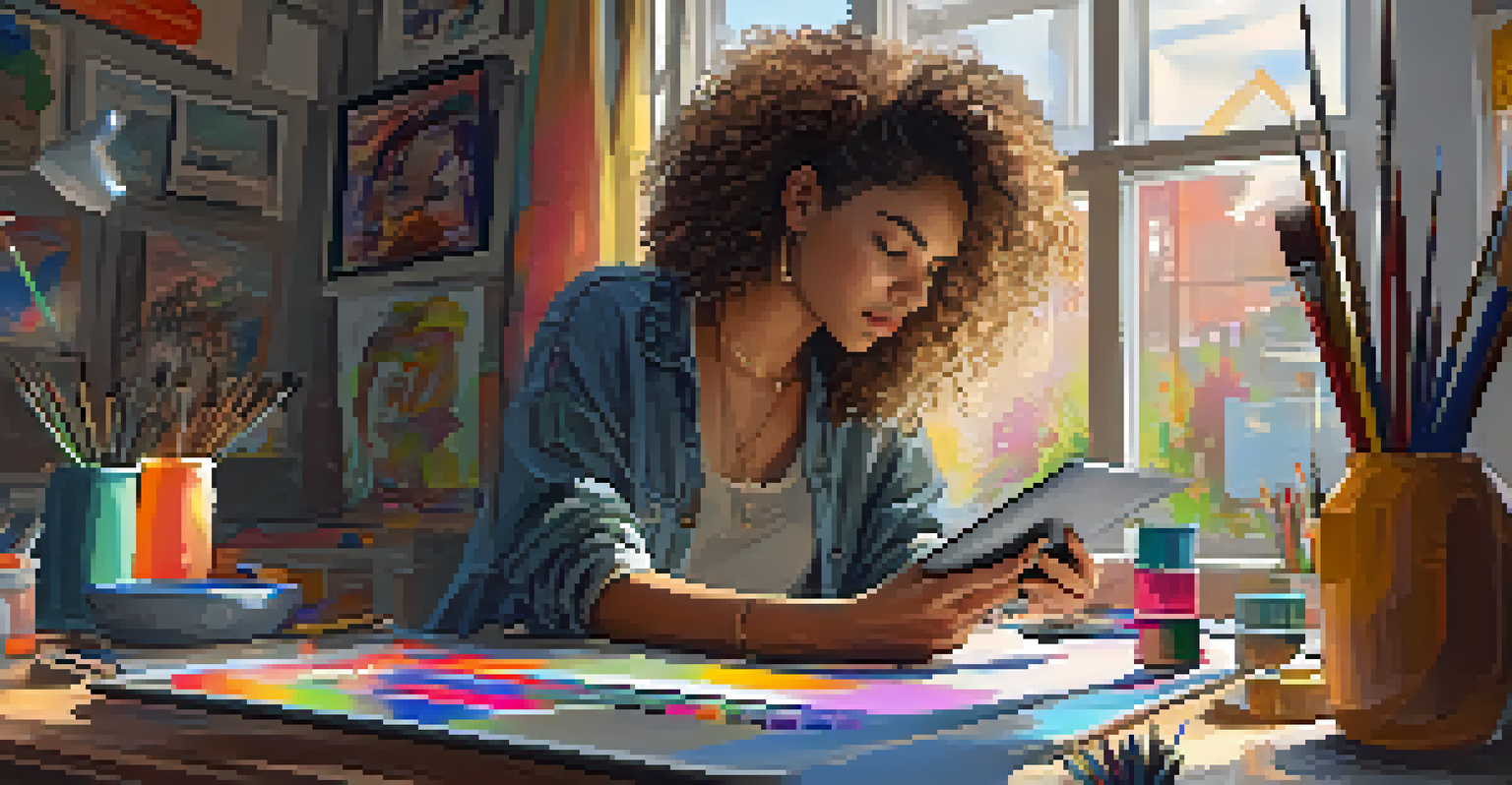 An artist in a cozy studio creating digital art on a tablet, surrounded by art supplies and colorful paintings.