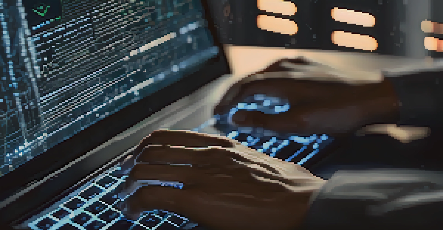 A close-up of a developer typing on a laptop, with code on the screen and digital graphs in the background.