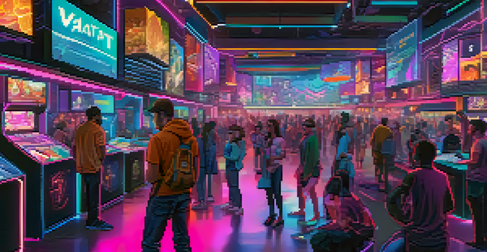 A vibrant gaming marketplace with players interacting with unique digital assets, illuminated by neon lights and holographic displays.