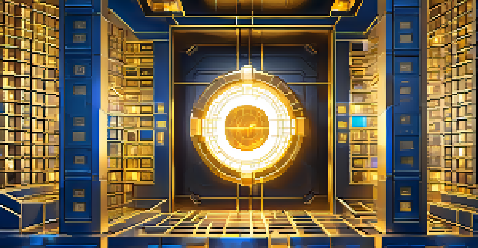 A digital vault made of glowing blocks with an open door, surrounded by floating digital tokens, illustrating blockchain security.