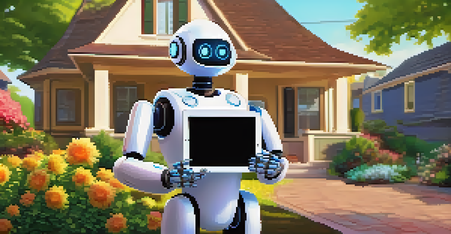 A friendly robot in a sunny neighborhood holding a tablet with a house icon, representing smart contracts in real estate.