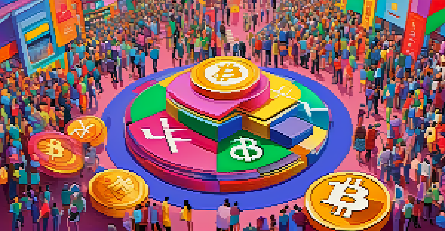 A vibrant virtual marketplace for decentralized finance showing individuals trading cryptocurrencies in a colorful environment.