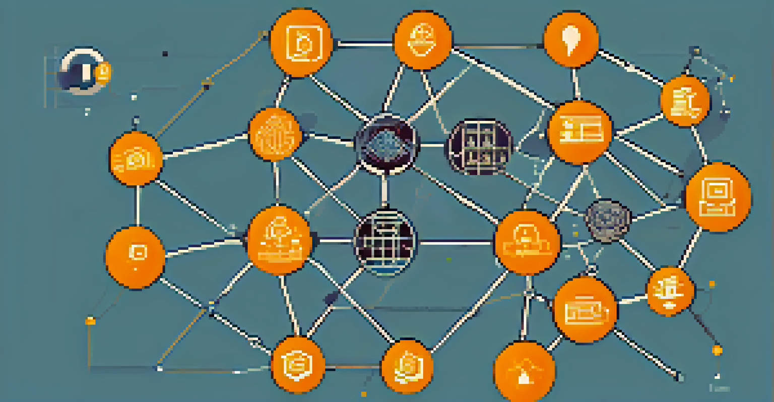 An infographic illustrating blockchain technology in fundraising, with interconnected nodes and symbols of trust on a blue background.