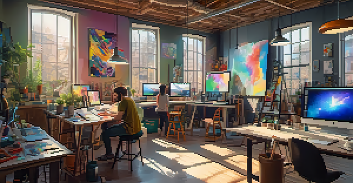 A bright and colorful digital art studio where multiple creators collaborate, surrounded by various artworks and technology.
