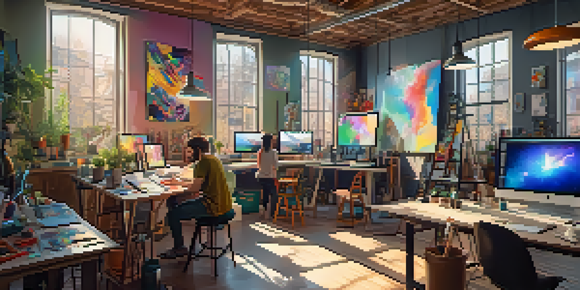 A bright and colorful digital art studio where multiple creators collaborate, surrounded by various artworks and technology.