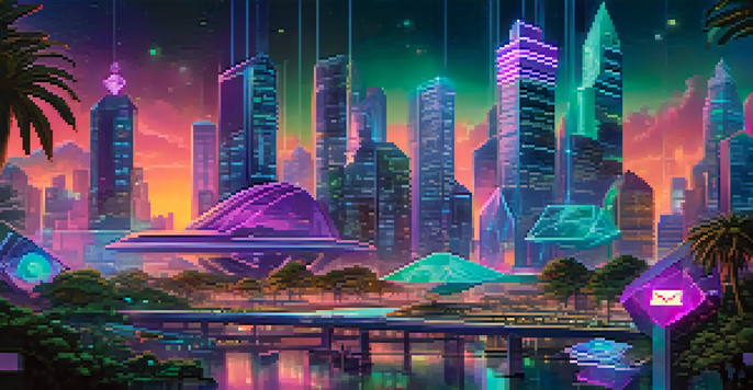 A futuristic city with glowing blockchain nodes and digital applications, illuminated by neon lights and surrounded by greenery.