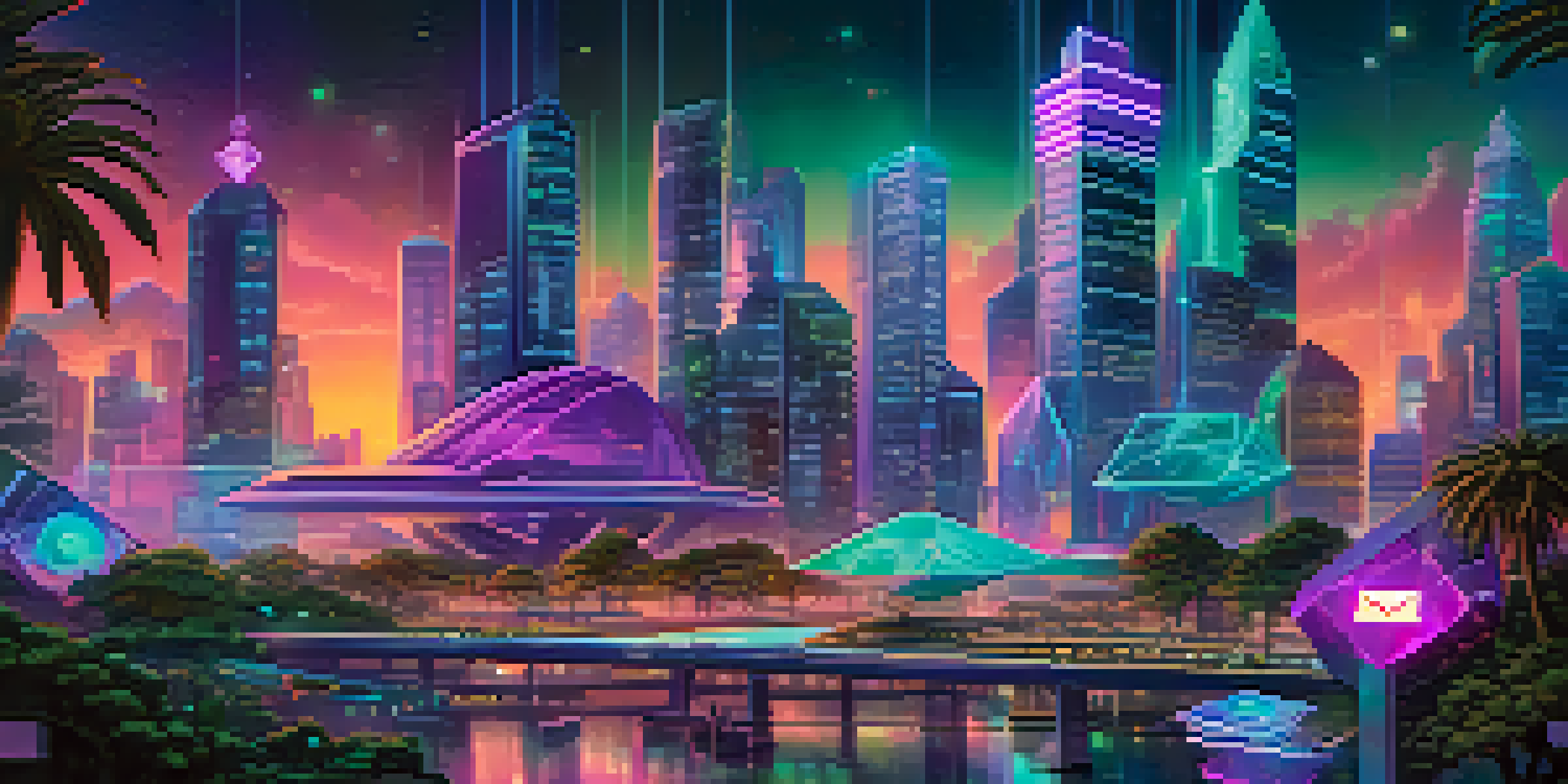 A futuristic city with glowing blockchain nodes and digital applications, illuminated by neon lights and surrounded by greenery.