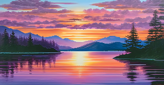 A colorful sunset over a calm lake surrounded by silhouettes of trees and mountains, with reflections in the water.