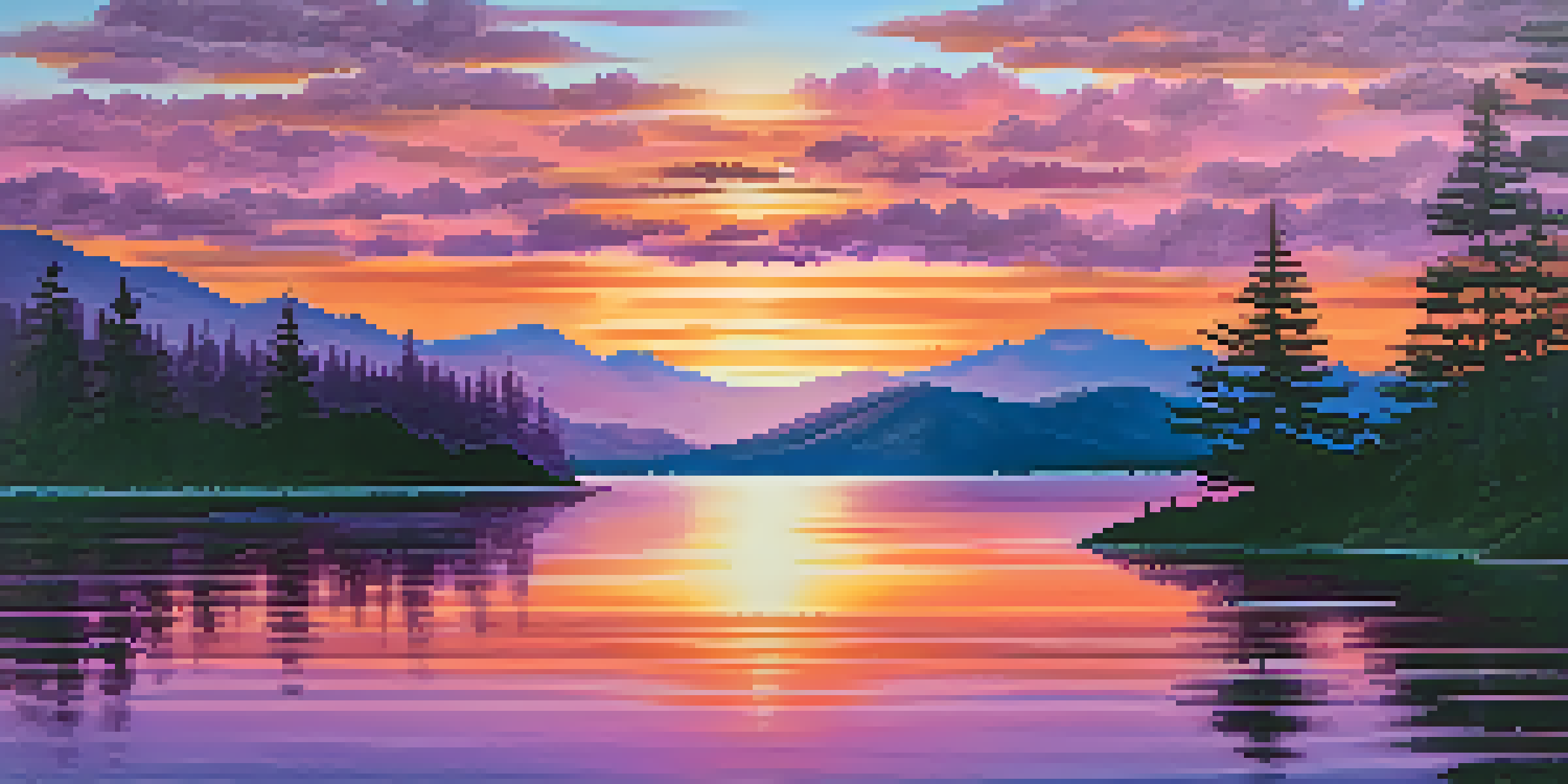A colorful sunset over a calm lake surrounded by silhouettes of trees and mountains, with reflections in the water.