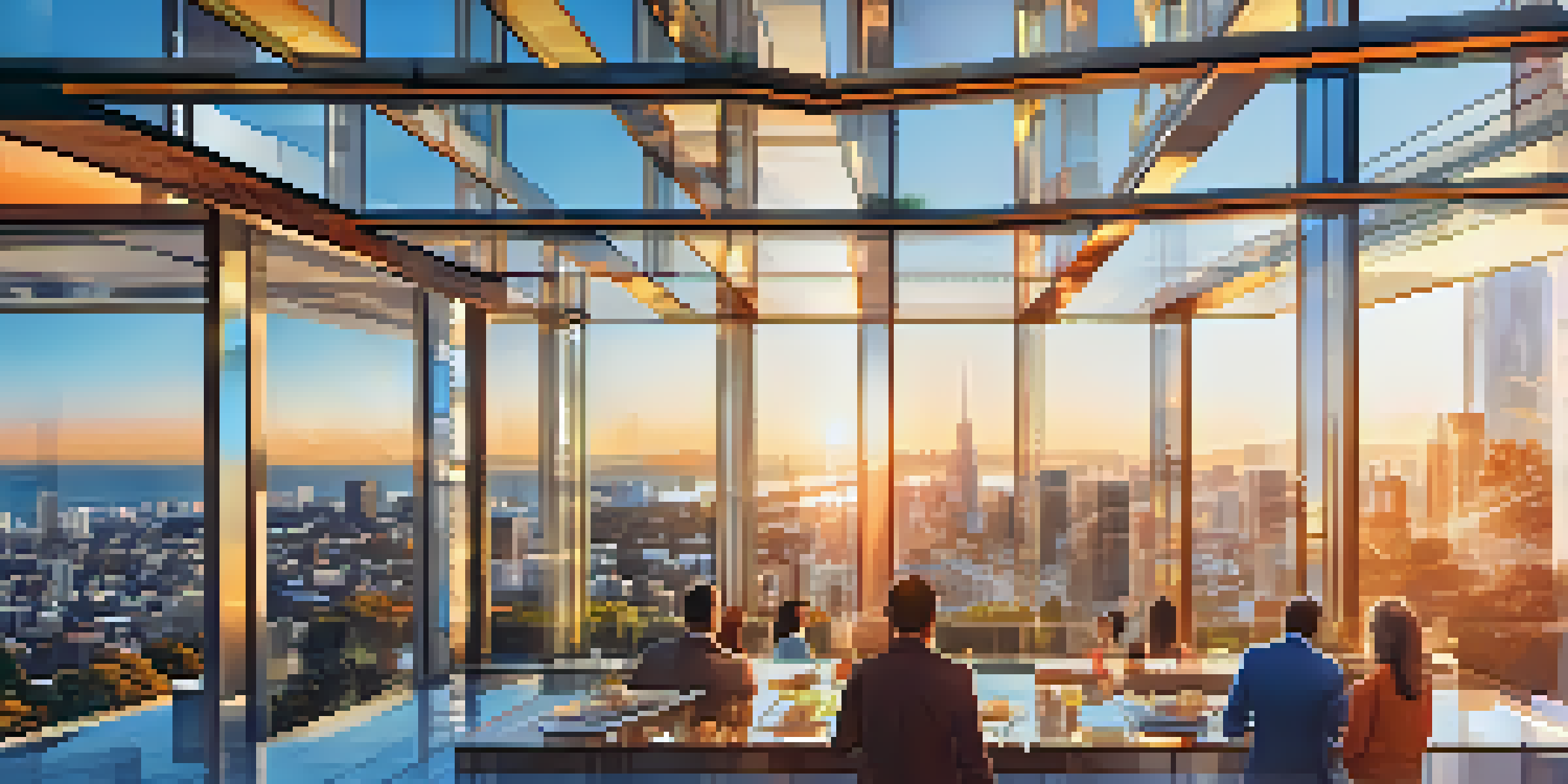 A city skyline at sunset with a high-end apartment building showcasing elements of blockchain technology, depicting a diverse group of people engaging in investment discussions.