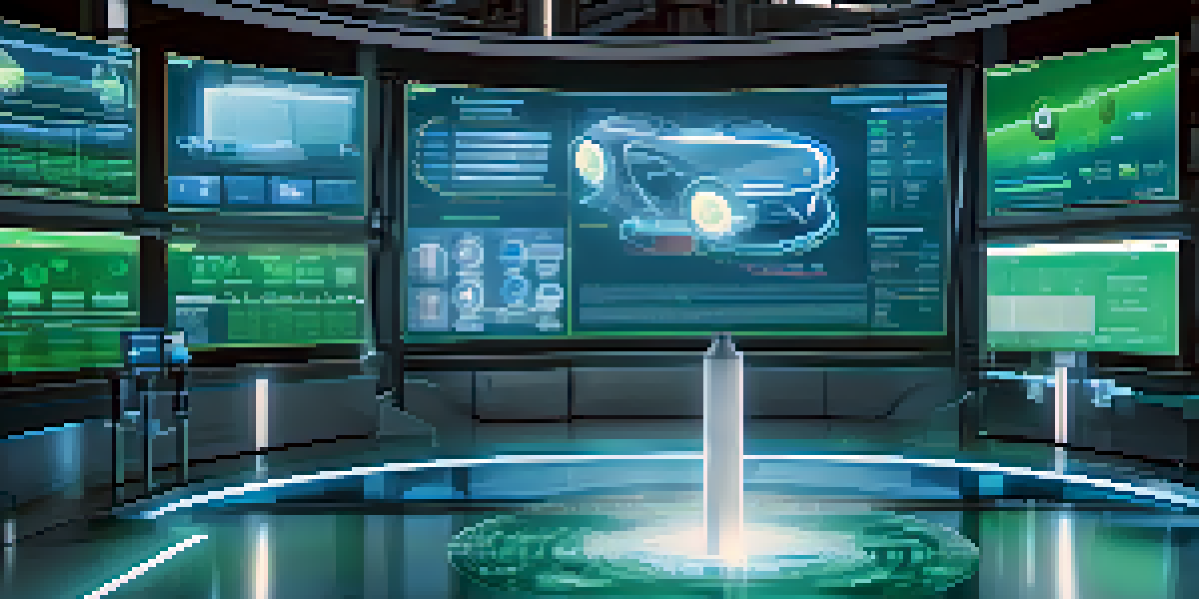 A high-tech screen displaying a digital twin interface with real-time data analytics for a manufacturing process in a modern factory.