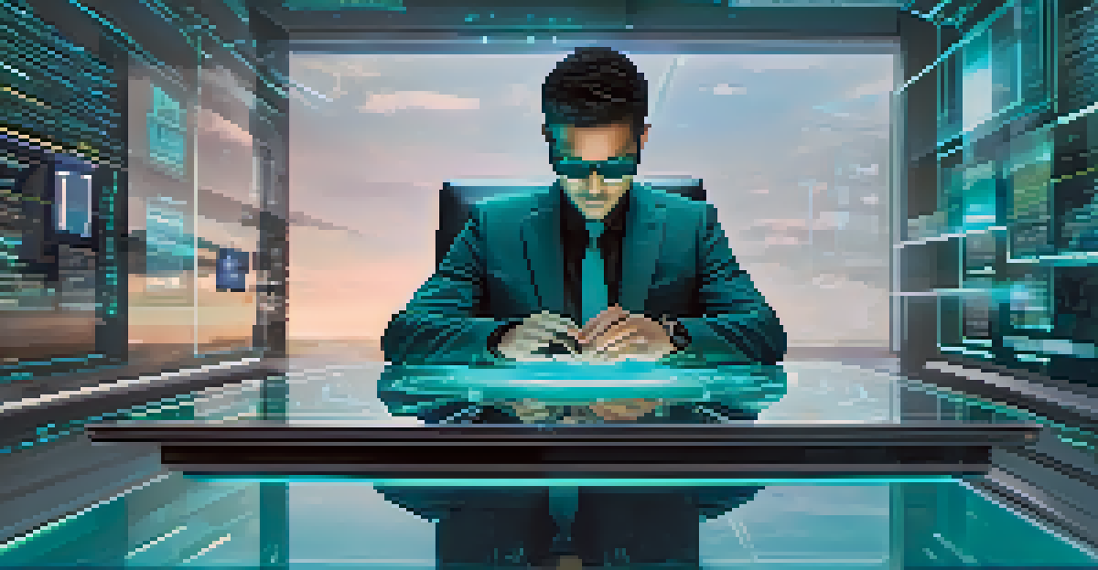 A person in a modern workspace using a holographic interface to manage self-sovereign identity, showcasing technology and privacy.