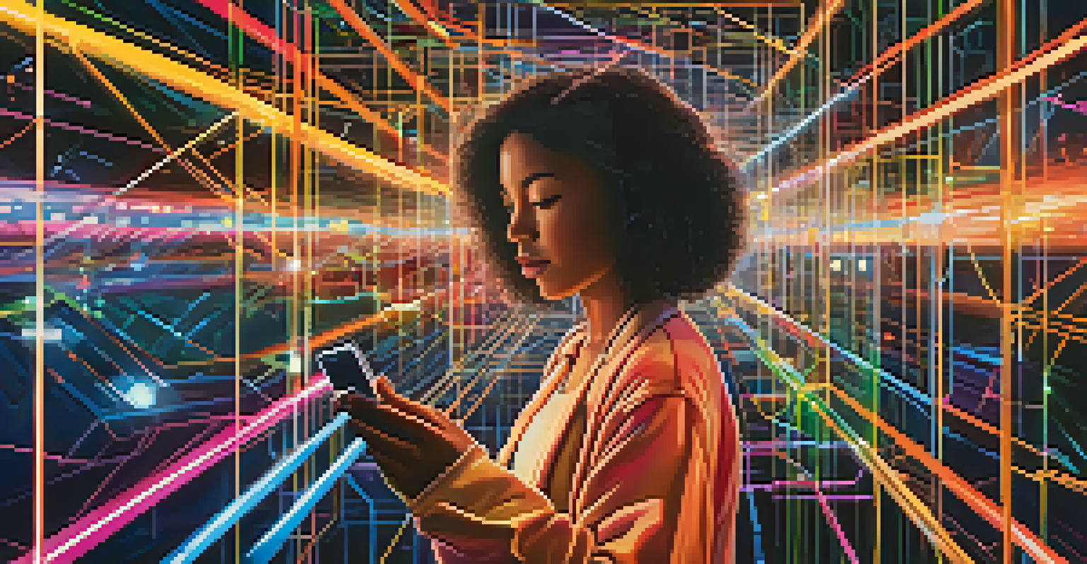 A person confidently managing their decentralized identity on a smartphone, with colorful blockchain nodes in the background.