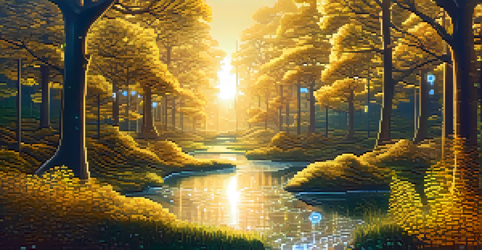 A digital forest with circuit board trees and glowing blockchain symbols, featuring a stream of flowing light.
