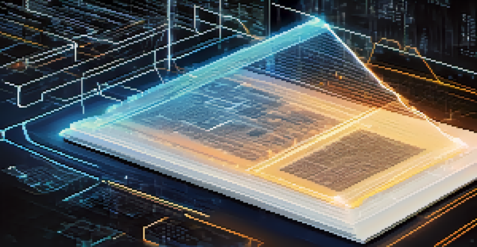 A glowing smart contract document with flowing code, representing automated transactions and security.