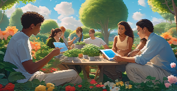 A peaceful garden with flowers representing cryptocurrencies, under a sunny sky, with people discussing token vesting.