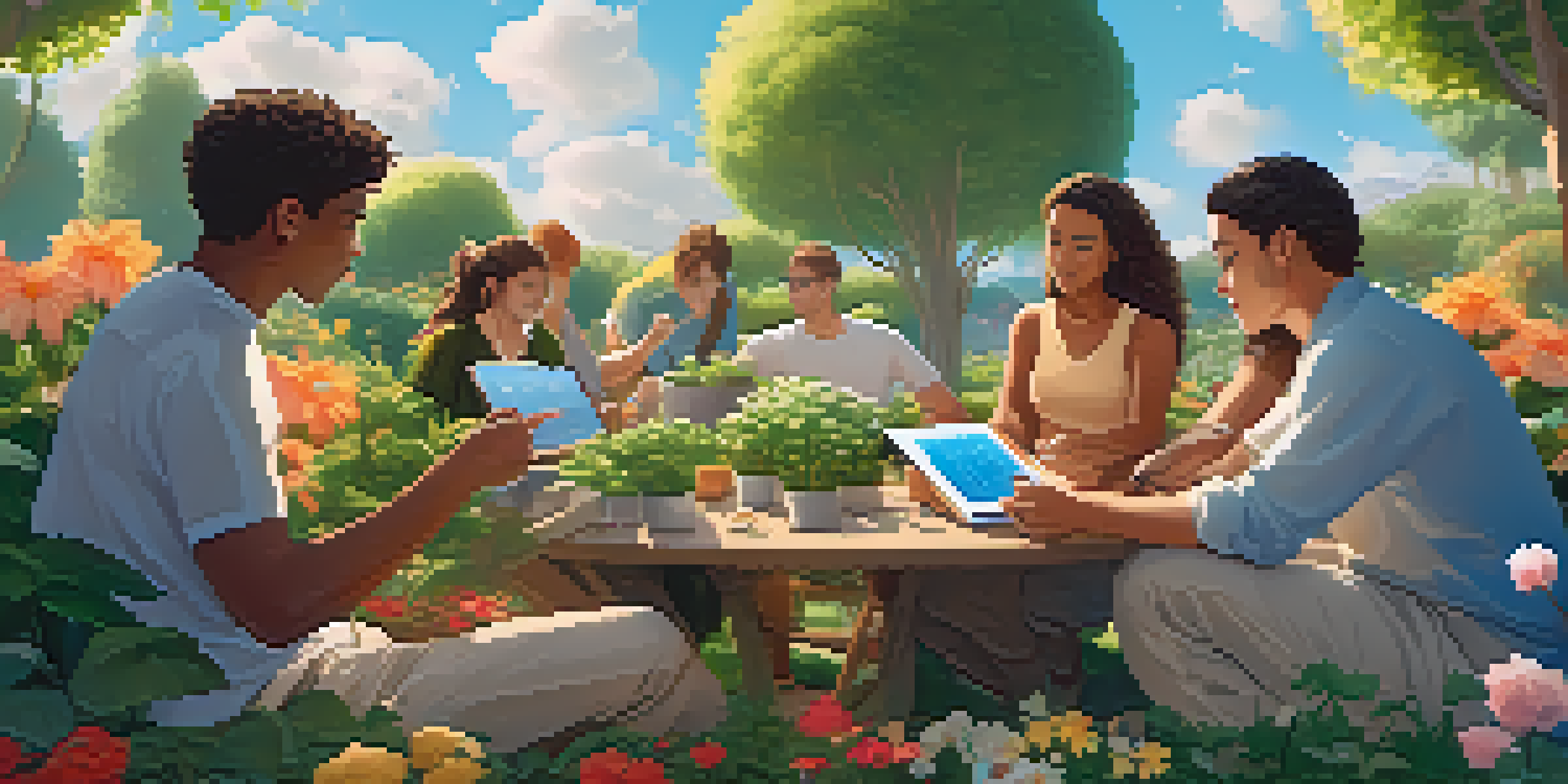 A peaceful garden with flowers representing cryptocurrencies, under a sunny sky, with people discussing token vesting.