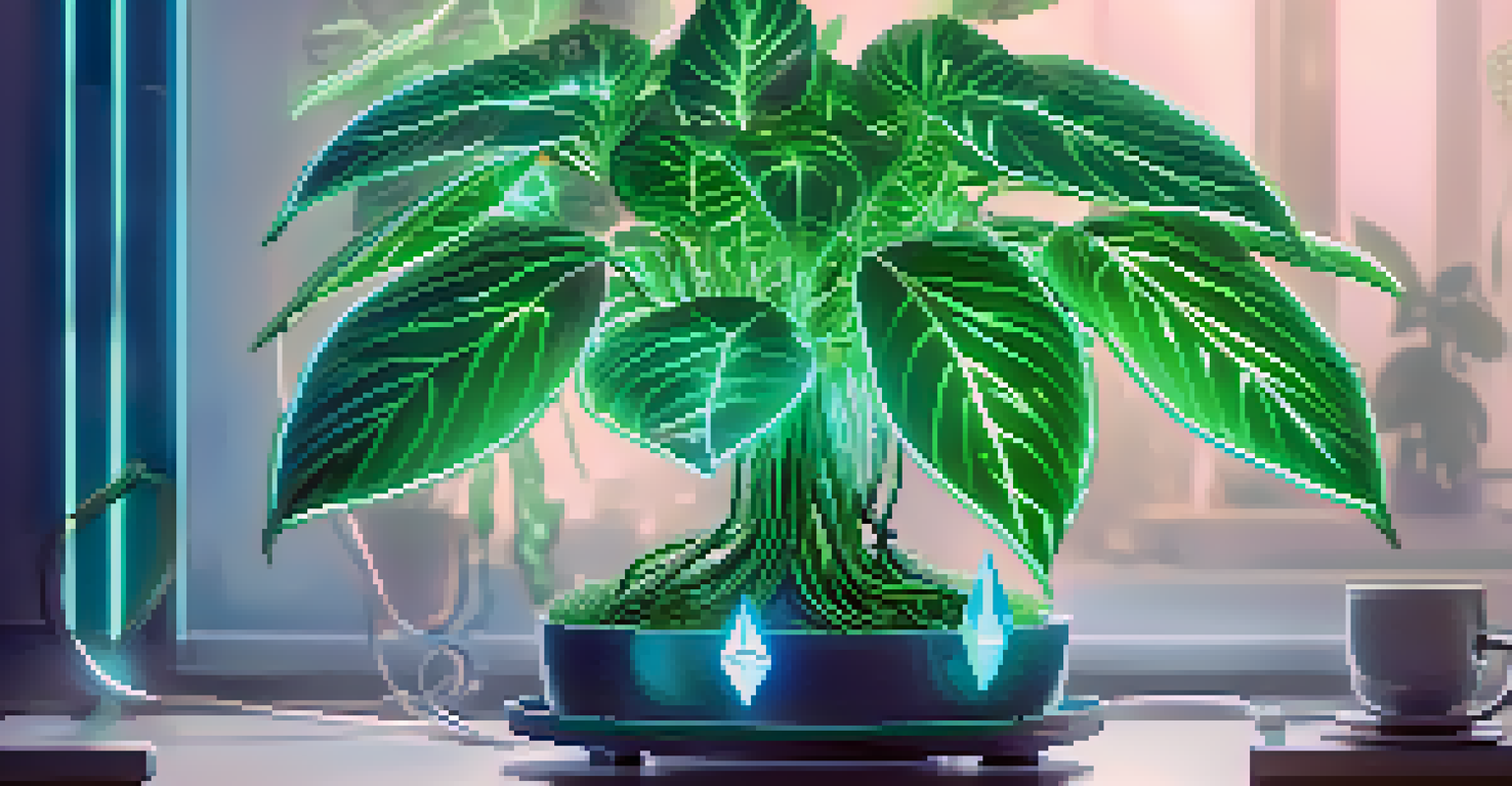 A digital plant representing Ethereum's transition to Proof of Stake, growing from a blockchain with eco-friendly symbols.