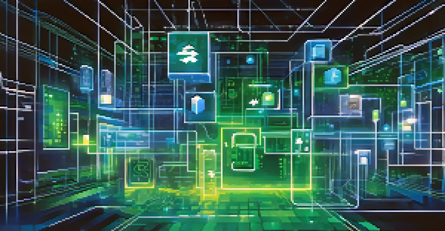 An abstract illustration of blockchain with glowing interconnected blocks and digital asset icons on a dark background.