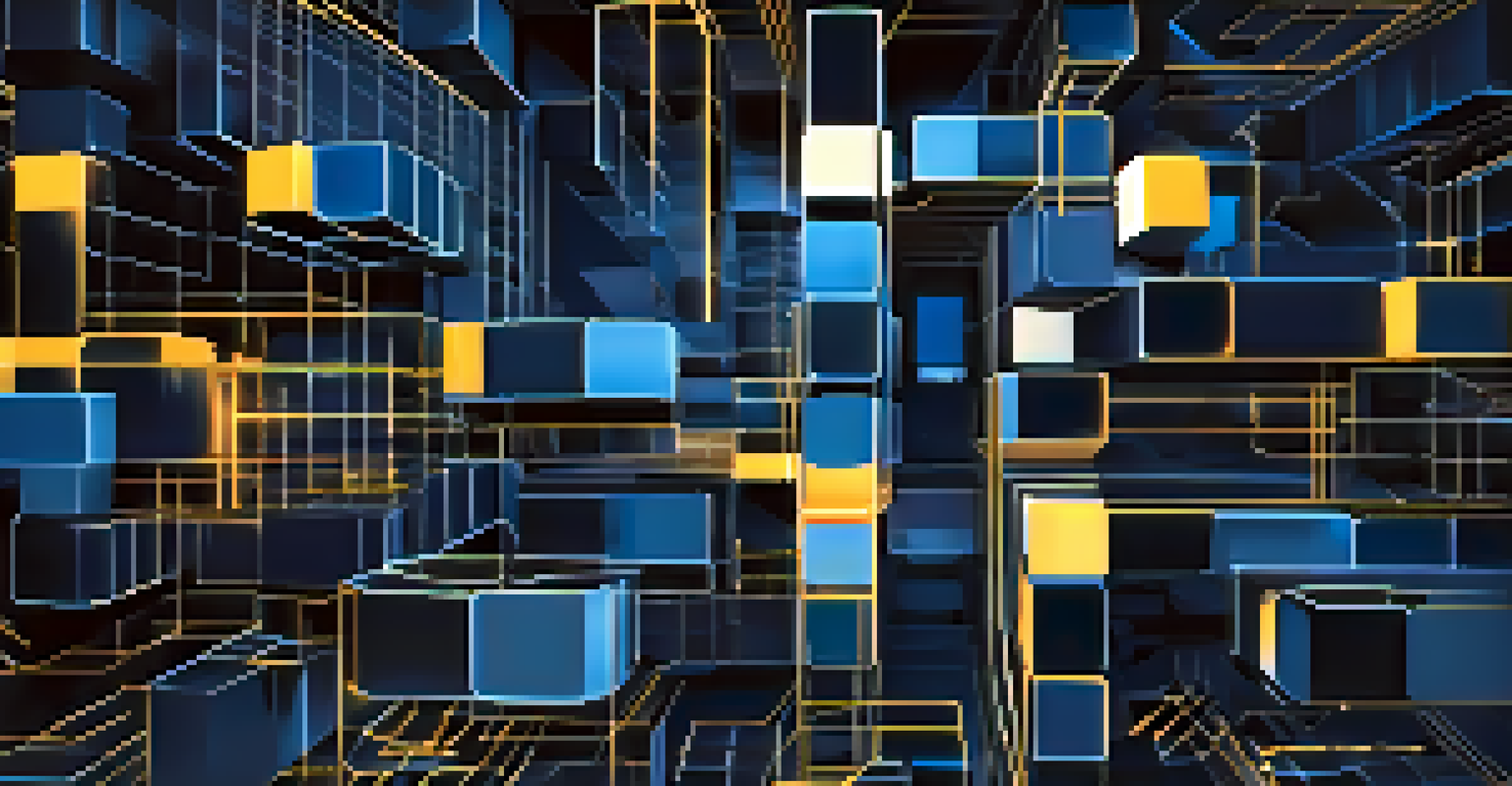 An abstract design of interconnected blocks representing blockchain technology on a dark blue background.