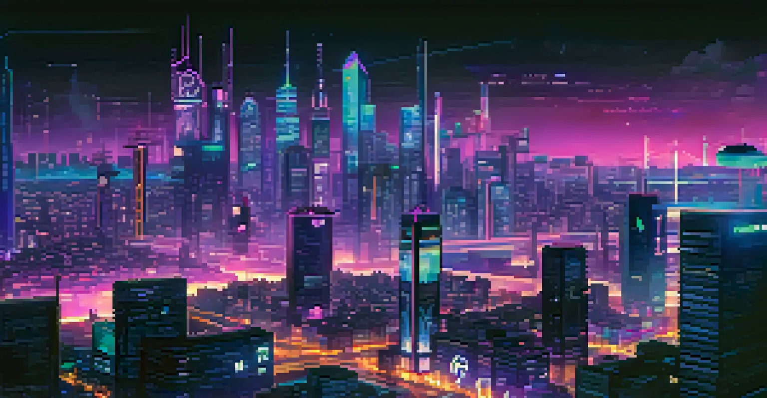 A futuristic city skyline at night, showcasing digital screens about privacy and blockchain.