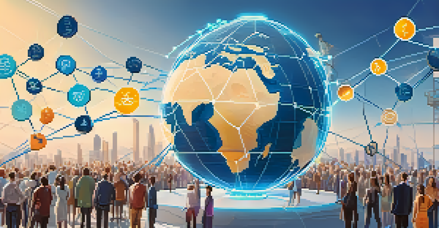A globe surrounded by diverse investors and floating digital tokens, symbolizing a crowdfunding campaign on a blockchain.