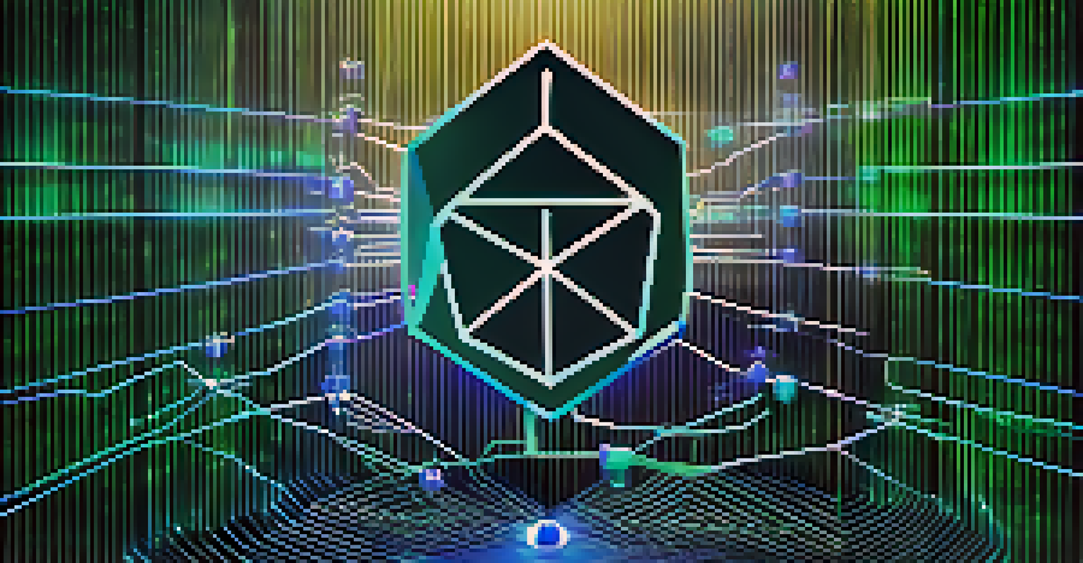 An abstract image depicting Ethereum transactions with glowing nodes and a prominent lock icon symbolizing security.