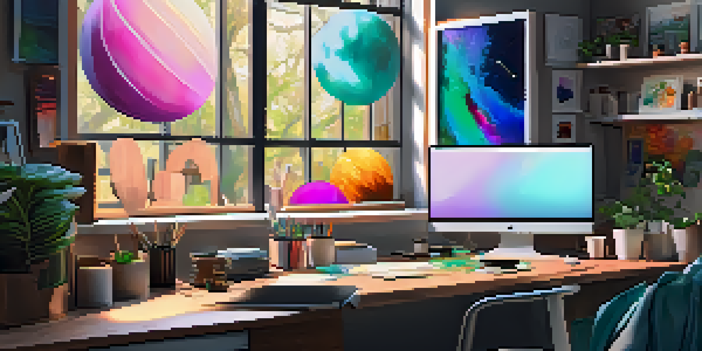 A cozy digital artist's workspace with colorful art supplies and digital artworks on the screen, illuminated by natural light from a window.